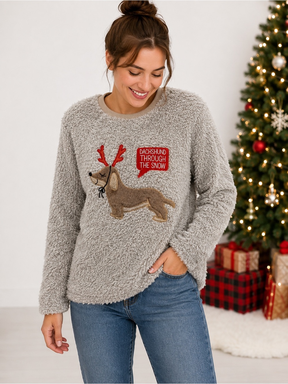 Cozy Gray Dachshund Holiday Sherpa Sweater